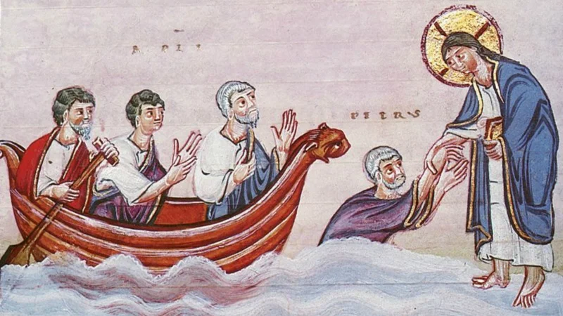 Codex Egberti Xe siècle Jésus marchant sur les eaux sauve Pierre qui se noie