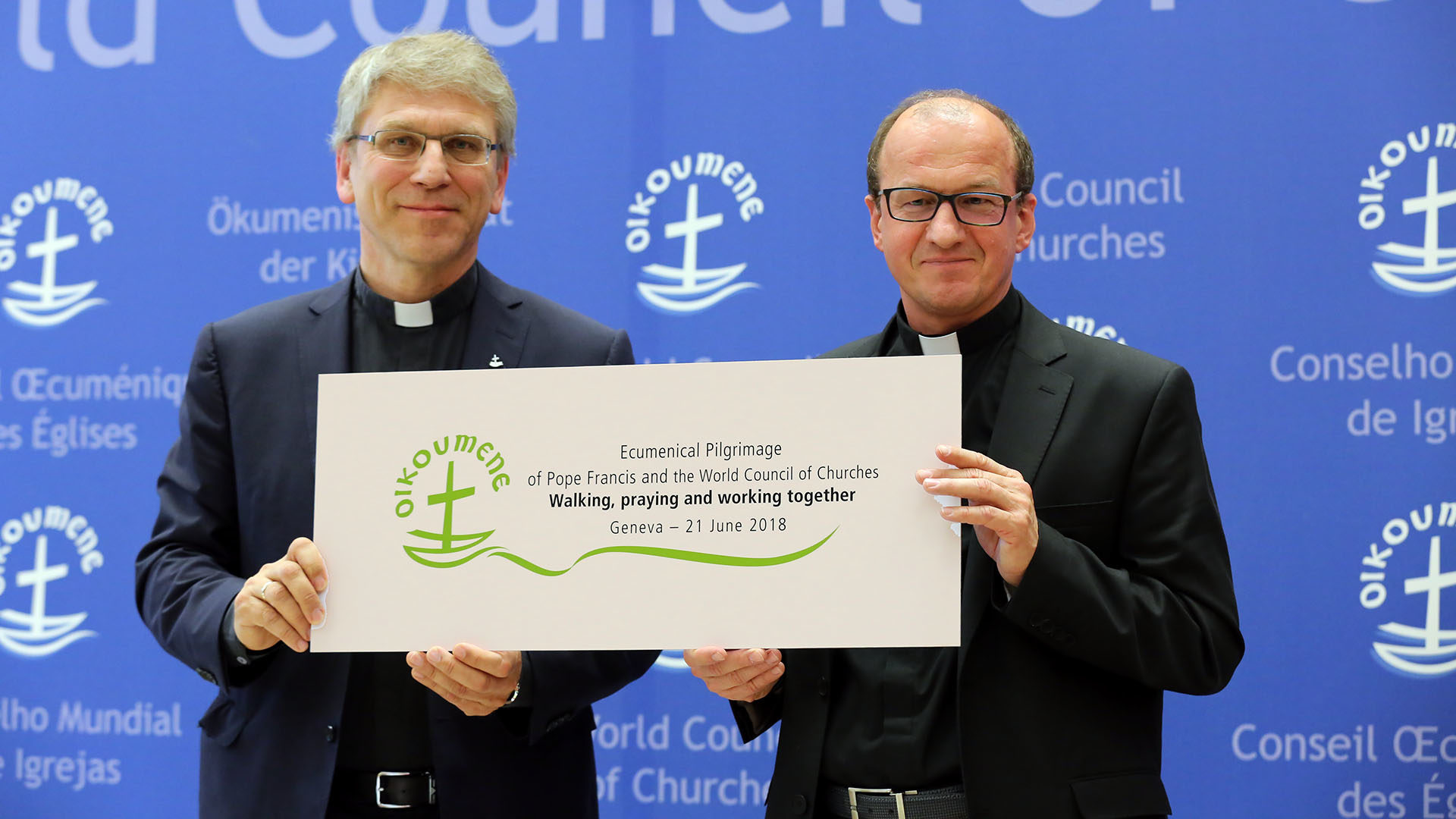 COE le 15 mai 2018. Olav Fykse Tveit, secrétaire général du COE et le Père Andrzej Choromanski, du Conseil pontifical pour la promotion de l'unité des chrétiens. | © B. Hallet