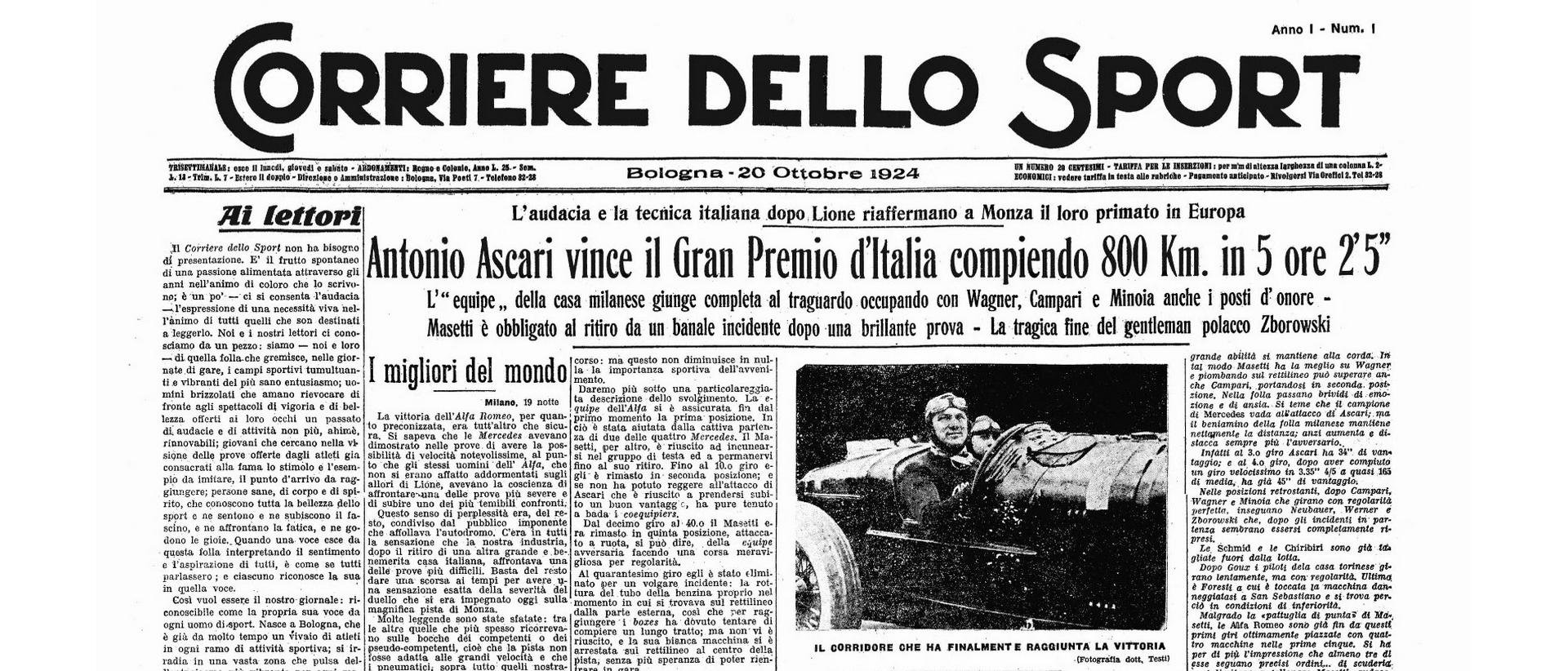 La 'Une' de la première édition du Corriere dello Sport le 20 octobre 1924 