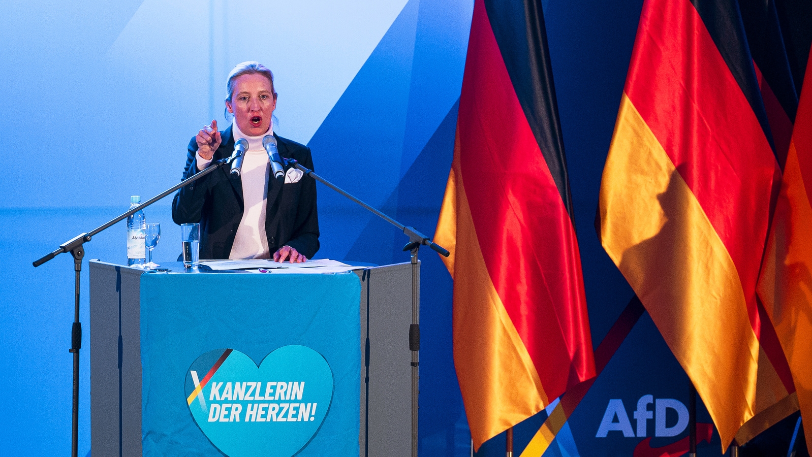 La présidente de l'AfD, Alice Weidel, s'exprime lors d'un meeting du parti | © KEYSTONE/DPA/Daniel Vogl